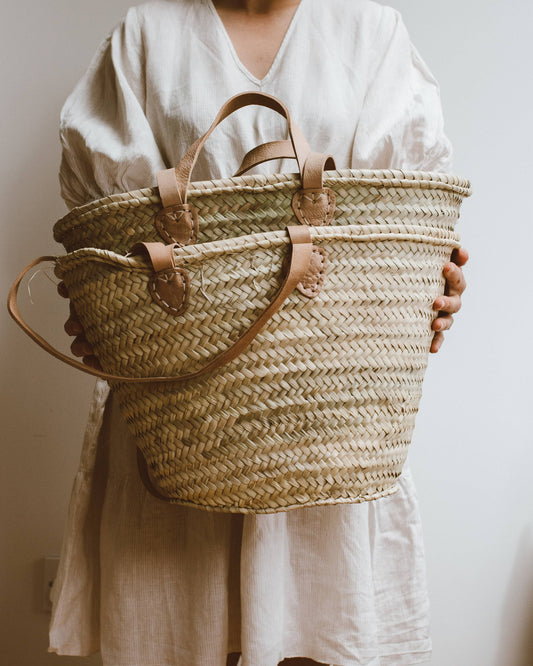 Generous French Market Palm Leaf & Leather Basket Bag