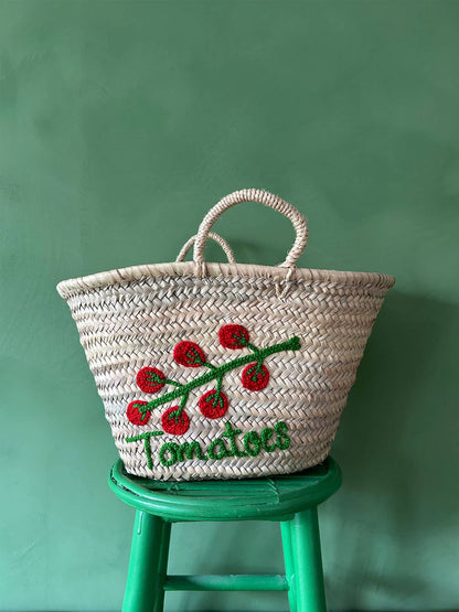 Hand Embroidered Market Basket, Tomatoes