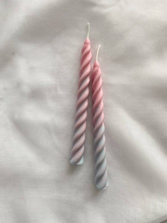 Ombre Blue and Pink Twirl Candle sticks Set. Vegan, soy