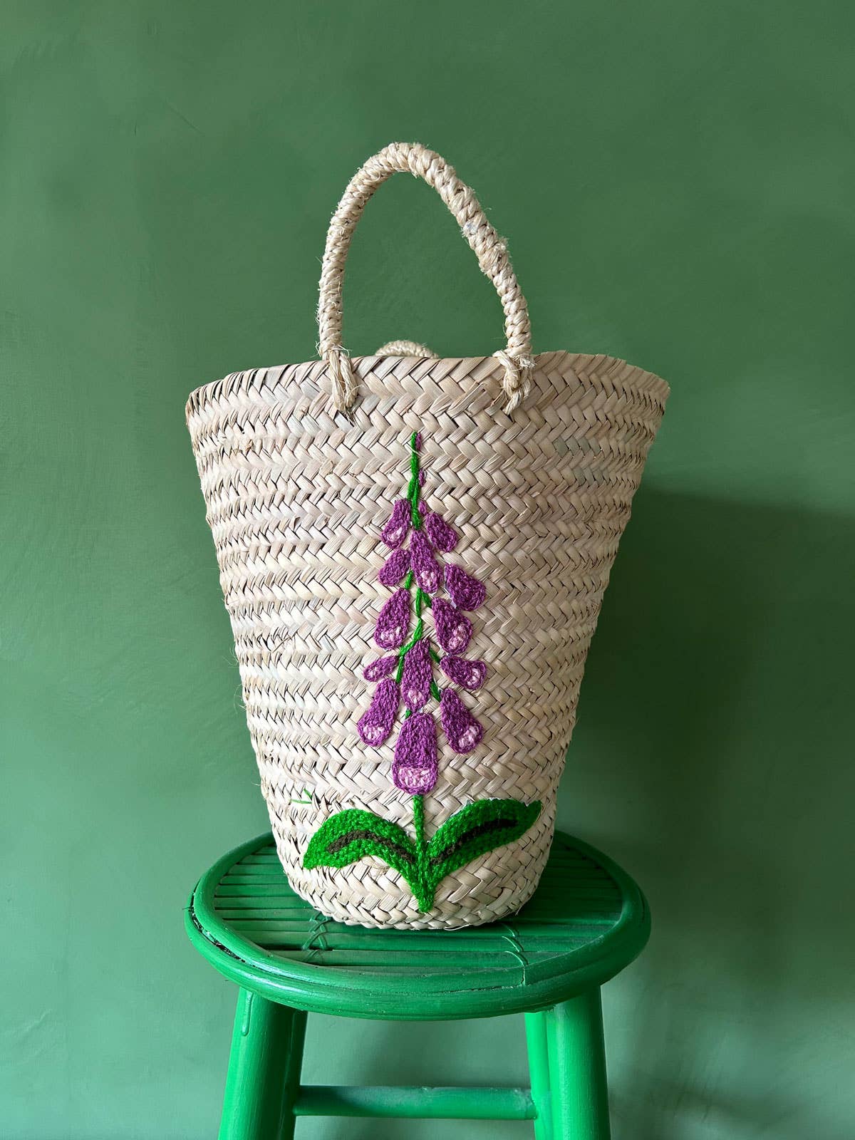 Hand Embroidered Bucket Basket, Foxglove