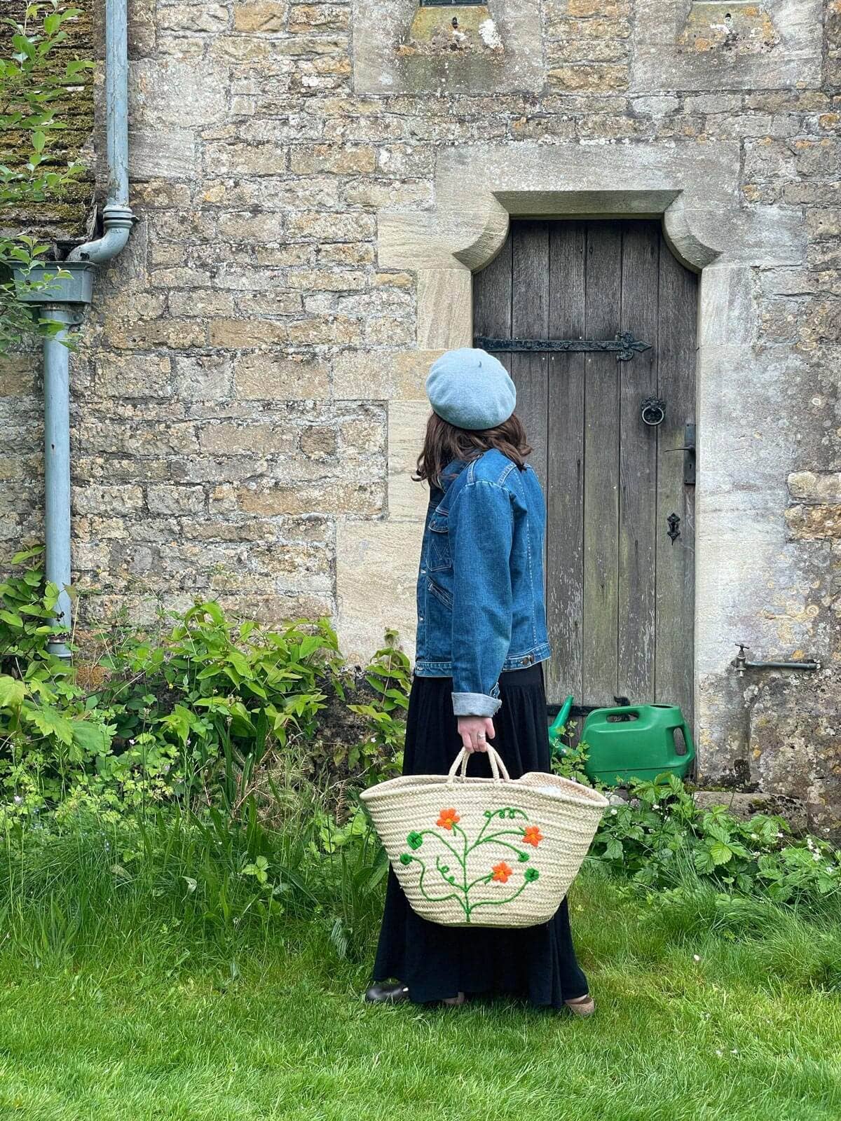 Hand Embroidered Market Basket, Nasturtium