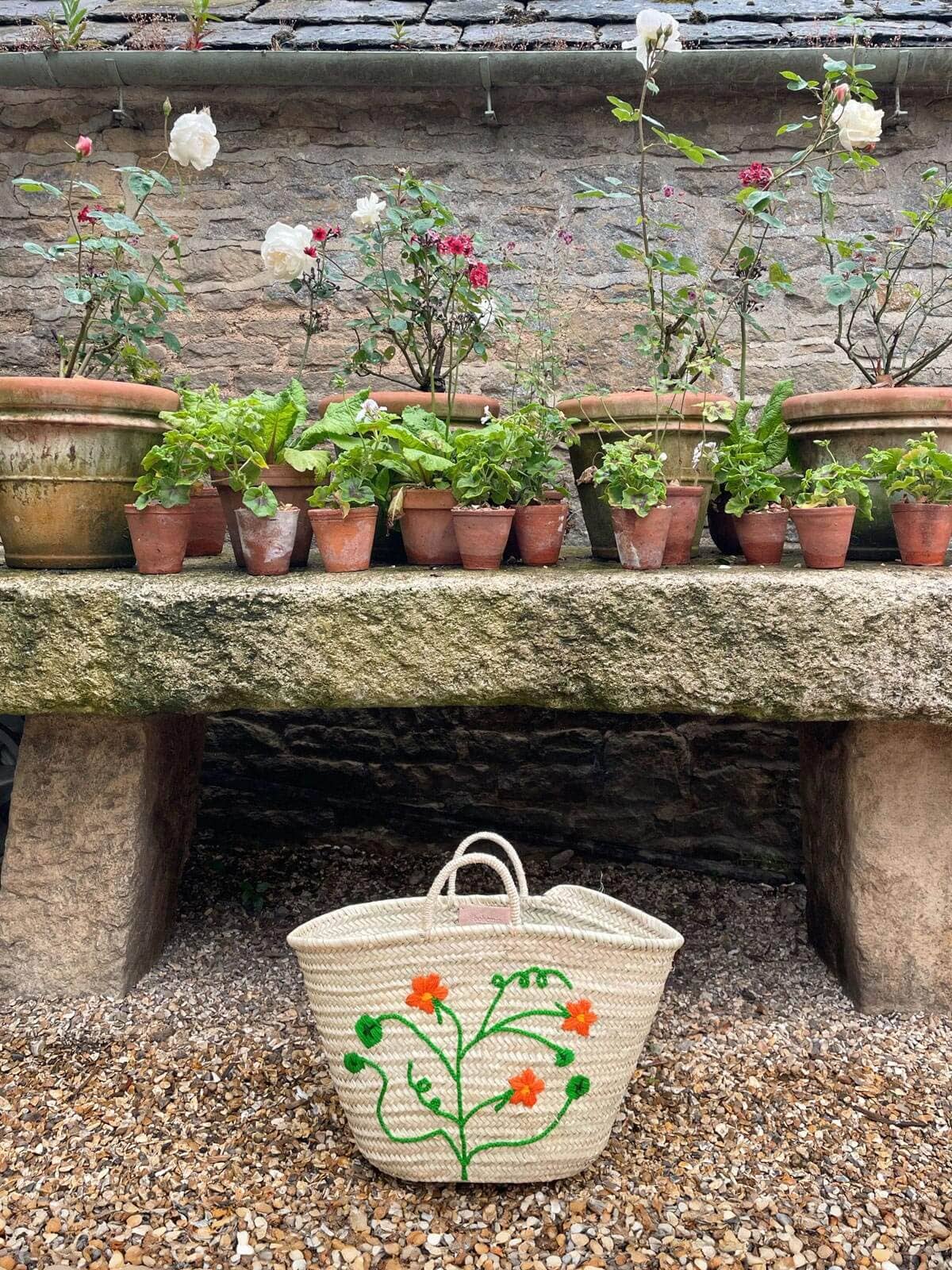 Hand Embroidered Market Basket, Nasturtium