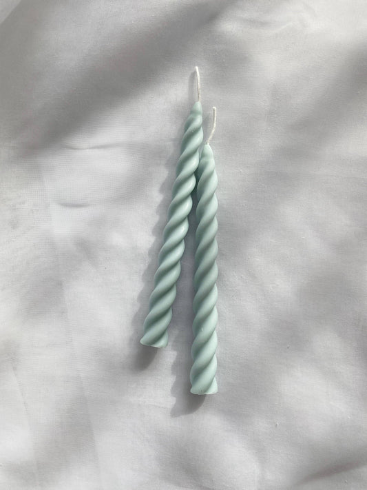 Ice Blue Twirl Candle sticks Set. Vegan, soy.