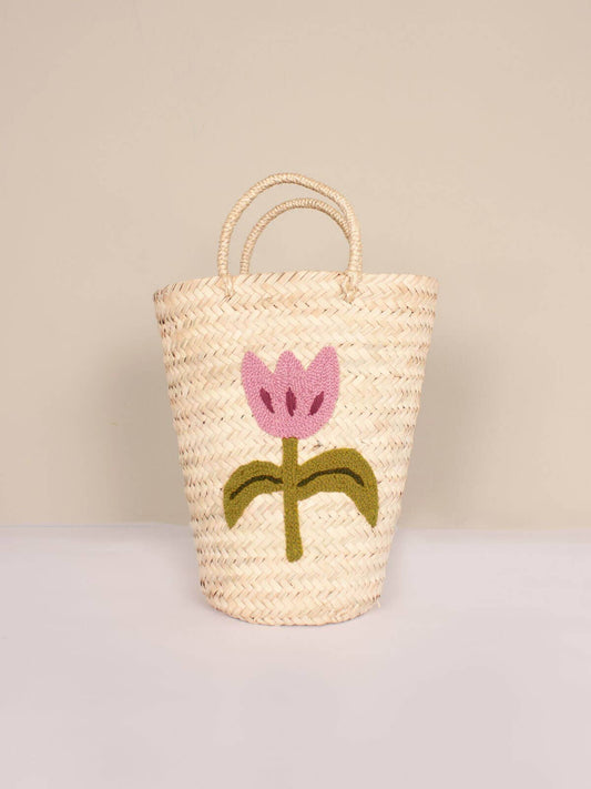 Hand Embroidered Bucket Basket, Tulip